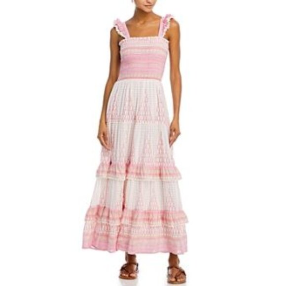 Bell Christine Smocked Tiered Square Neck Flare Maxi Dress Size XL Pink White - Picture 1 of 1